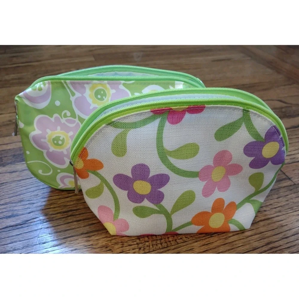 Clinique Makeup Bag Set (2) Floral Green Pink Orange Cosmetic Pouches NWOT